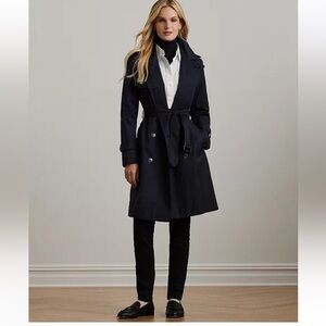 Lauren Ralph Lauren Fine Twill Trench Coat Large L Dbl  Breasted Belted Navy Nwt